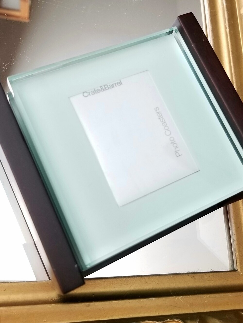 ❗Crate&Barrel Clear Glass Square Photo Coaster Set with Wooden Holder❗